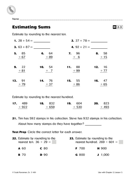 Estimating Sums Worksheet