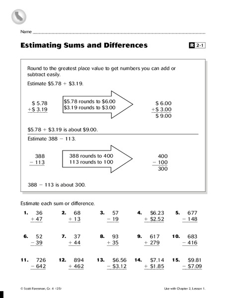 Estimating Sums and Differences Worksheet