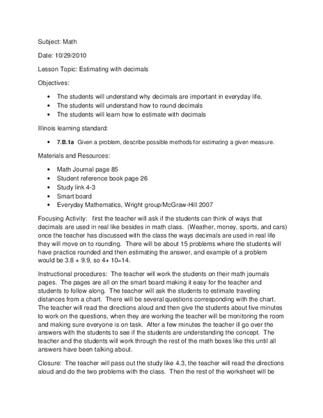 Estimating With Decimals Lesson Plan