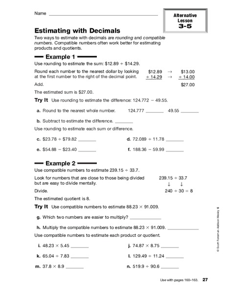 Estimating With Decimals Worksheet
