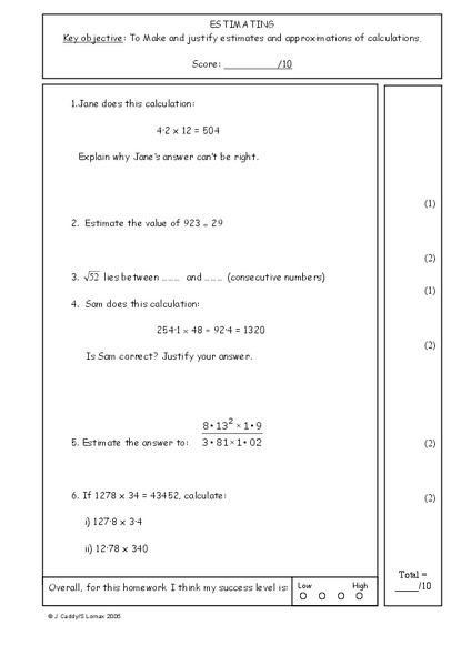 Estimation Worksheet