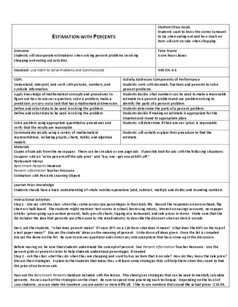 Estimation With Percents Lesson Plan
