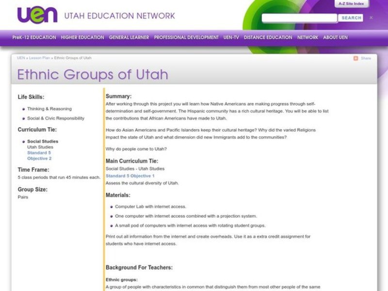 Ethnic Groups of Utah Lesson Plan
