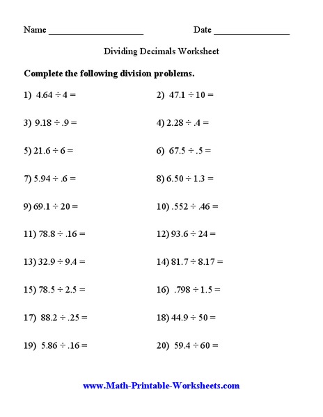 Dividing Decimals Worksheet Interactive