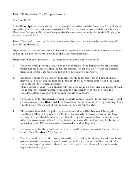EU Simulation: The European Council Lesson Plan