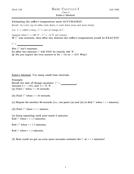 Euler's Method Worksheet