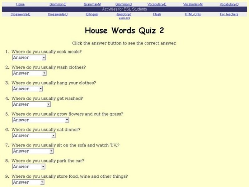 ESL: House Words Quiz Interactive