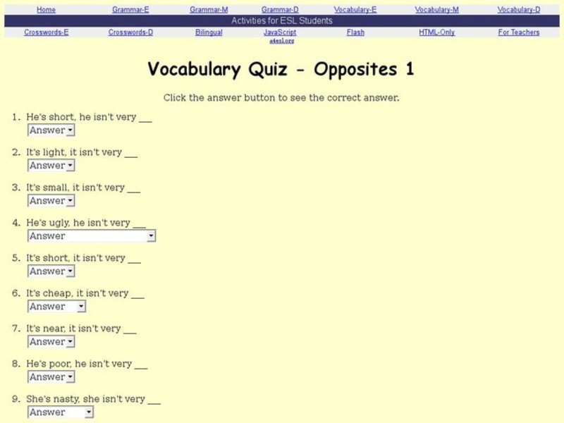 Vocabulary Quiz--Opposites 1 Interactive