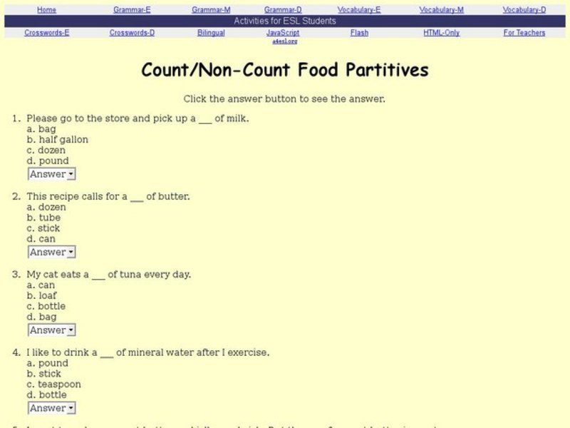 ESL: Count and Non-Count Food Partitives Interactive
