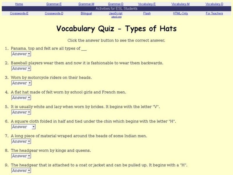ESL Vocabulary-Types of Hats Interactive