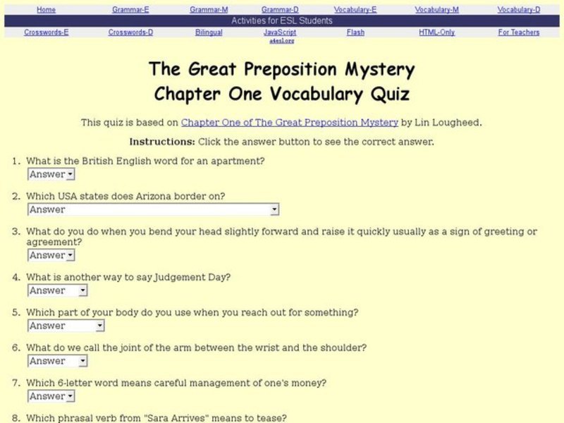 The Great Preposition Mystery Chapter One Vocabulary Quiz Interactive