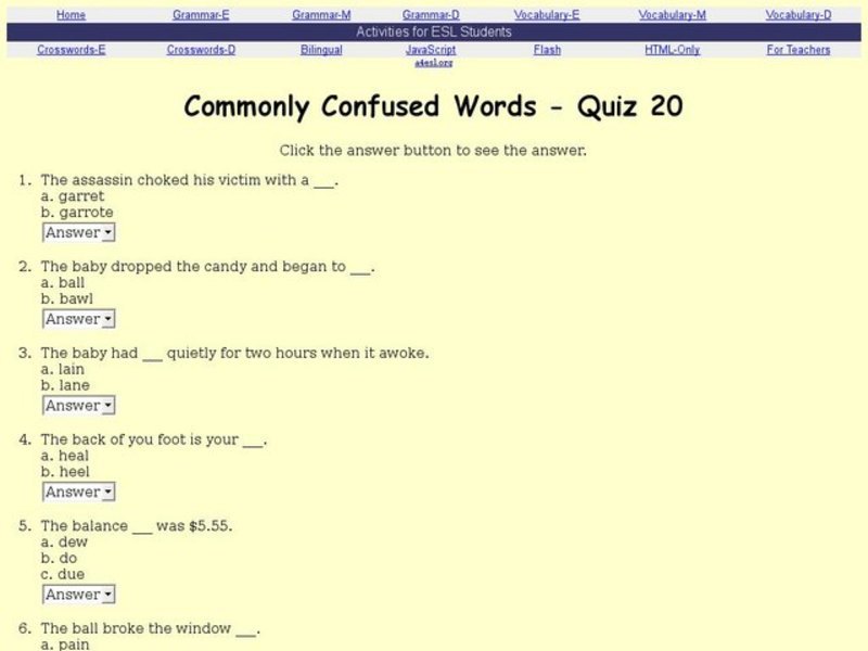 ESL: Commonly Confused Words- Quiz 20 Interactive