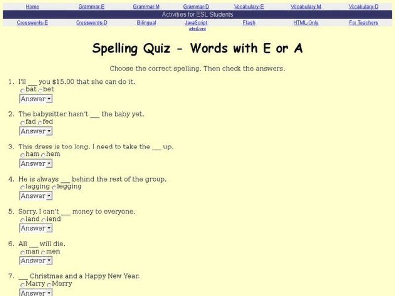 Spelling Quiz - Words with E or A Interactive
