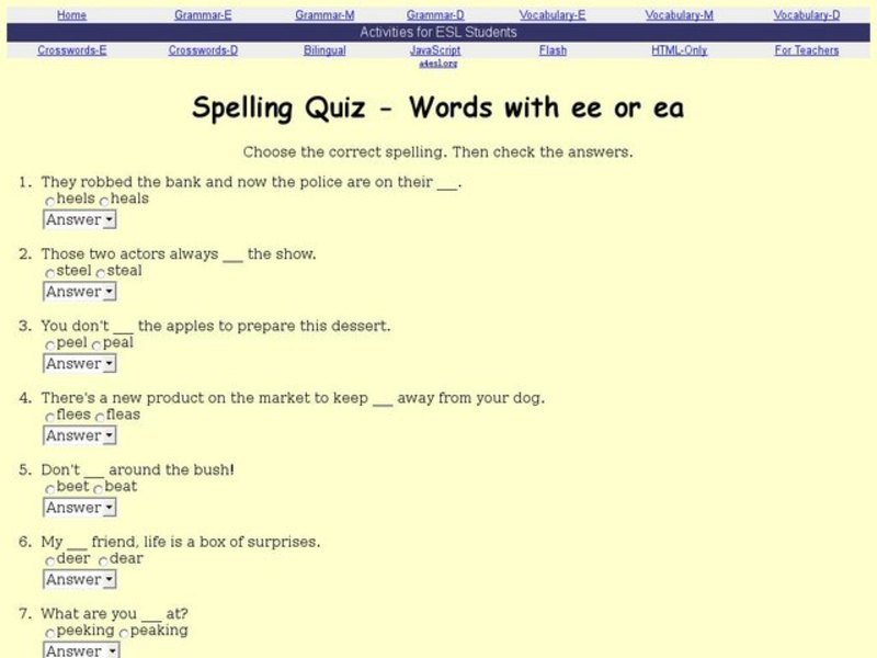 Spelling Quiz - Words with ee or ea Interactive