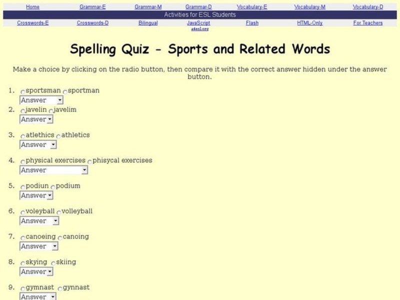 Spelling Quiz - Sports and Related Words Interactive