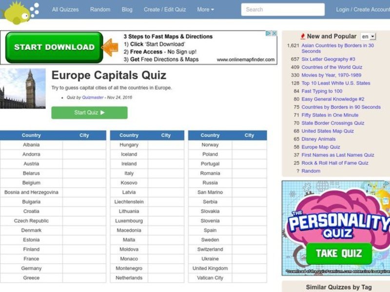 European Capitals Quiz Interactive