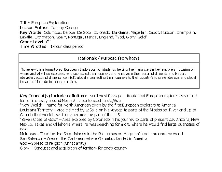 European Exploration Lesson Plan