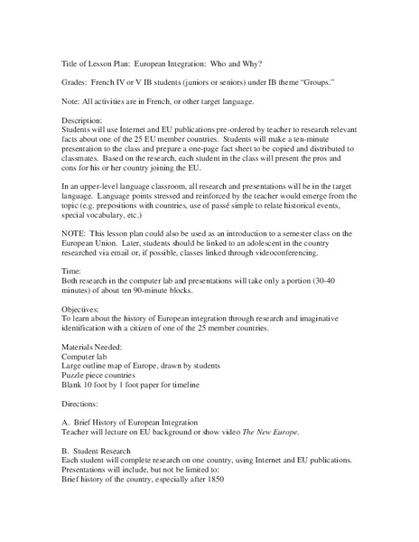 European Integration: Who and Why? Lesson Plan