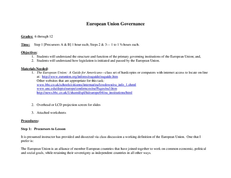 European Union Governance Lesson Plan