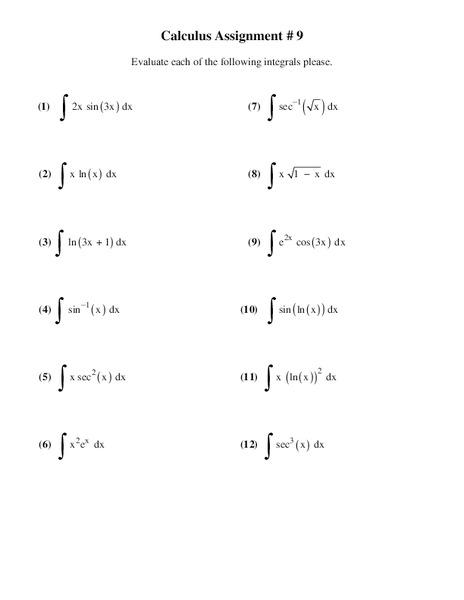 Evaluate Integrals Worksheet