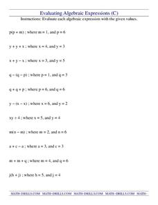 Evaluating Algebraic Expressions Worksheet