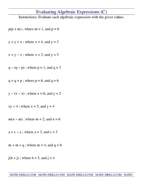 Evaluating Algebraic Expressions Worksheet
