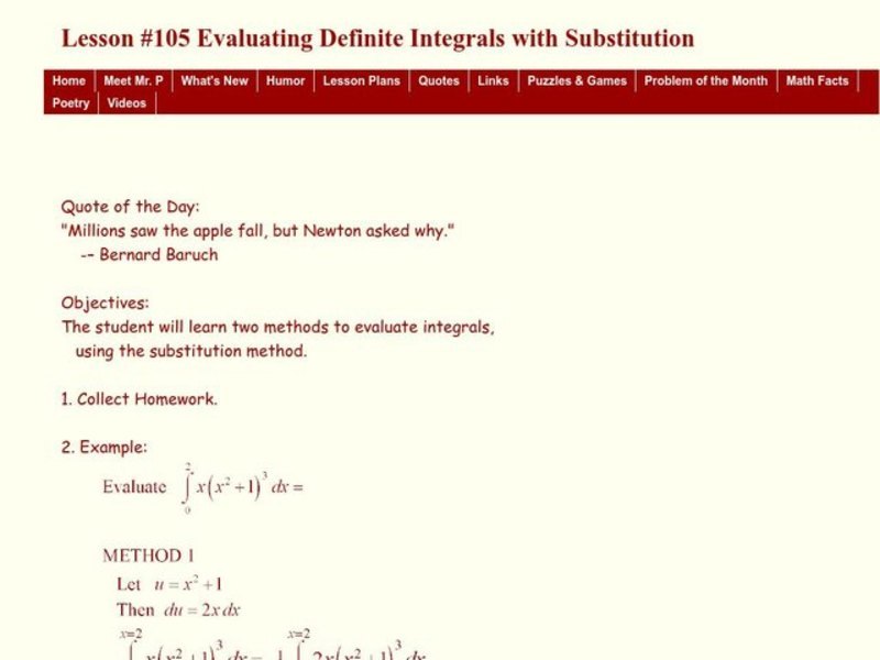 Evaluating Definite Integrals with Substitution Lesson Plan