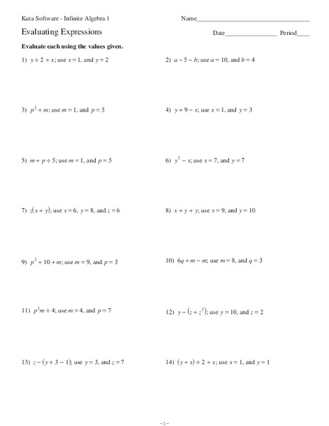 Evaluating Expressions Worksheet