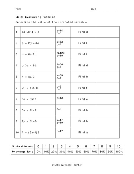 Evaluating Formulas Worksheet