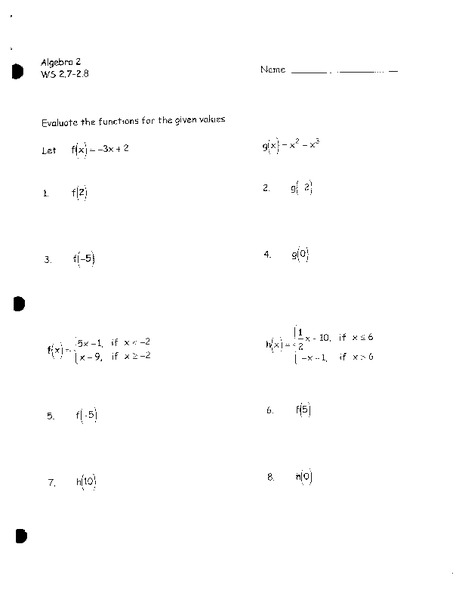 Evaluating Functions Worksheet