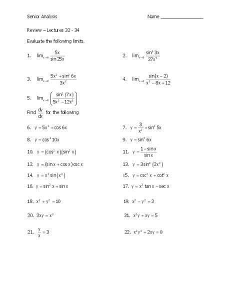 Evaluating Limits Worksheet