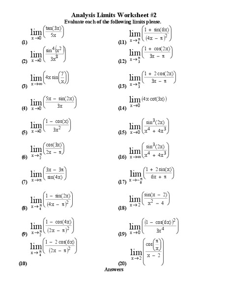 Evaluating Limits Worksheet