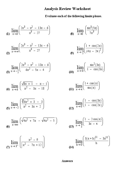 Evaluating Limits Worksheet