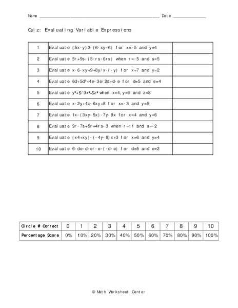 Evaluating Variable Expressions Worksheet