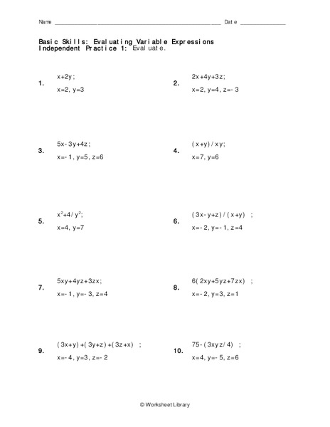 Evaluating Variable Expressions Worksheet