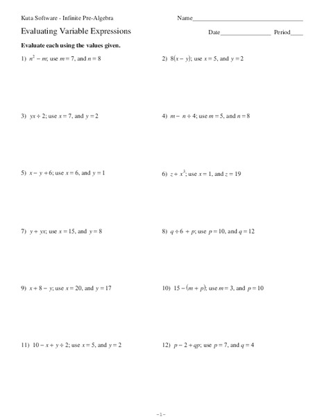 Evaluating Variable Expressions Worksheet