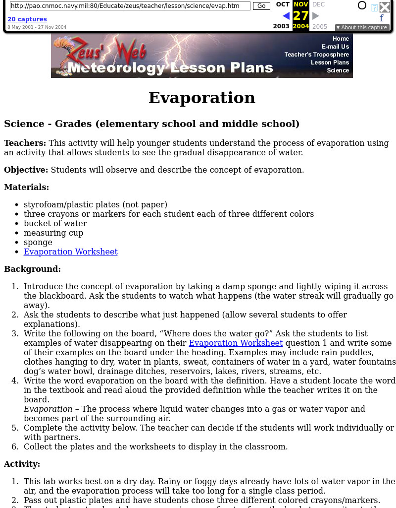Evaporation Lesson Plan