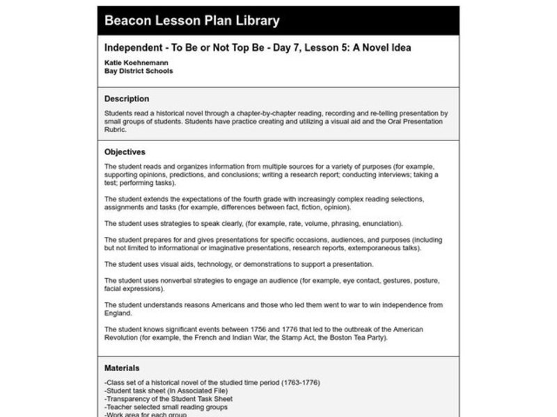 A Novel Idea Lesson Plan