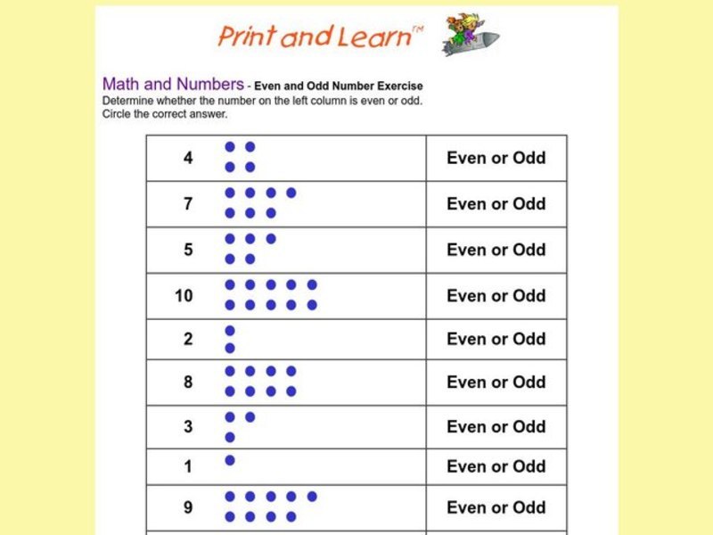 Even and Odd Number Exercise Worksheet