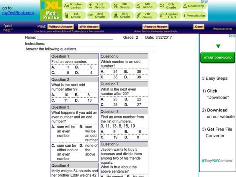 Even and Odd Numbers Worksheet
