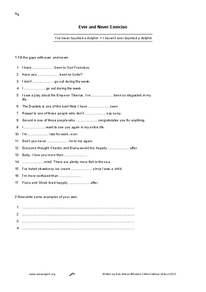 Ever and Never Exercise Worksheet