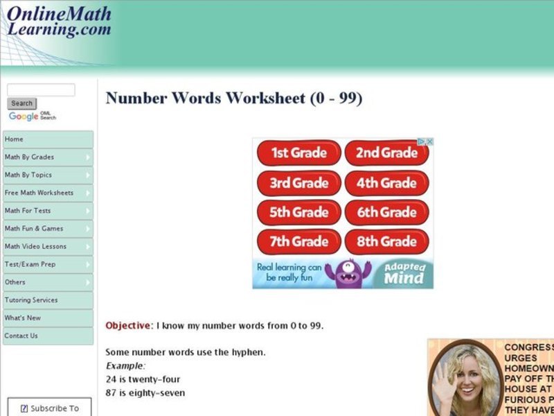Number Words From 0 to 99 Interactive