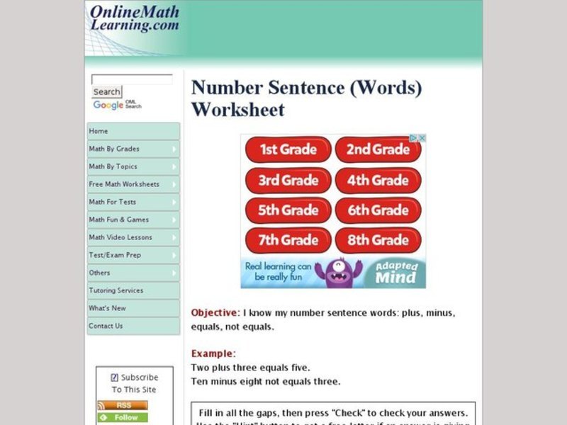 Number Sentence Words Interactive