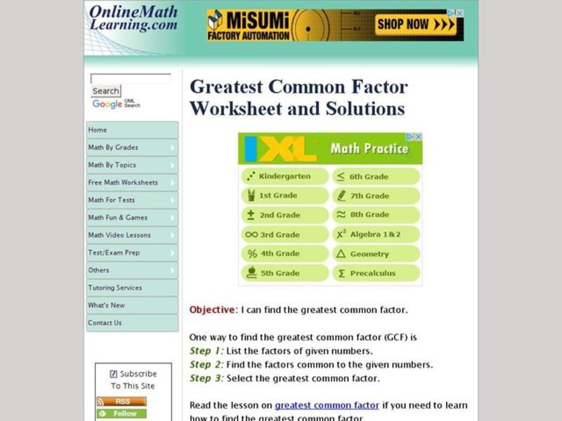 Greatest Common Factor - OnlineMathLearning.com Interactive