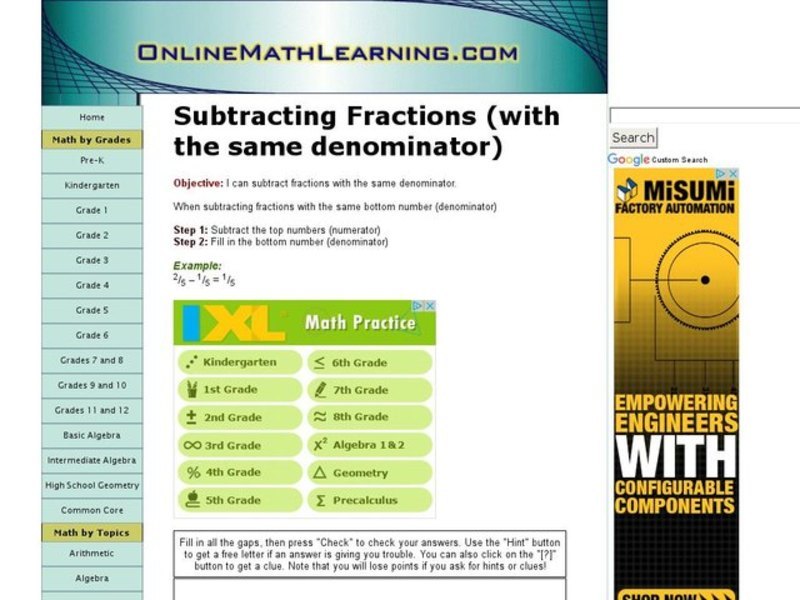 Subtracting Fractions (with the same denominator) Interactive