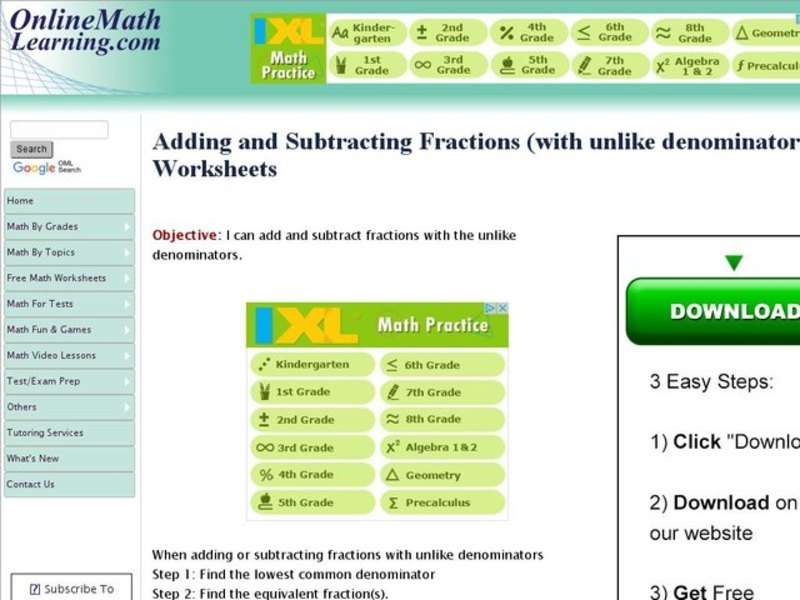 Adding and Subtracting Fractions (With Unlike Denominators) Interactive
