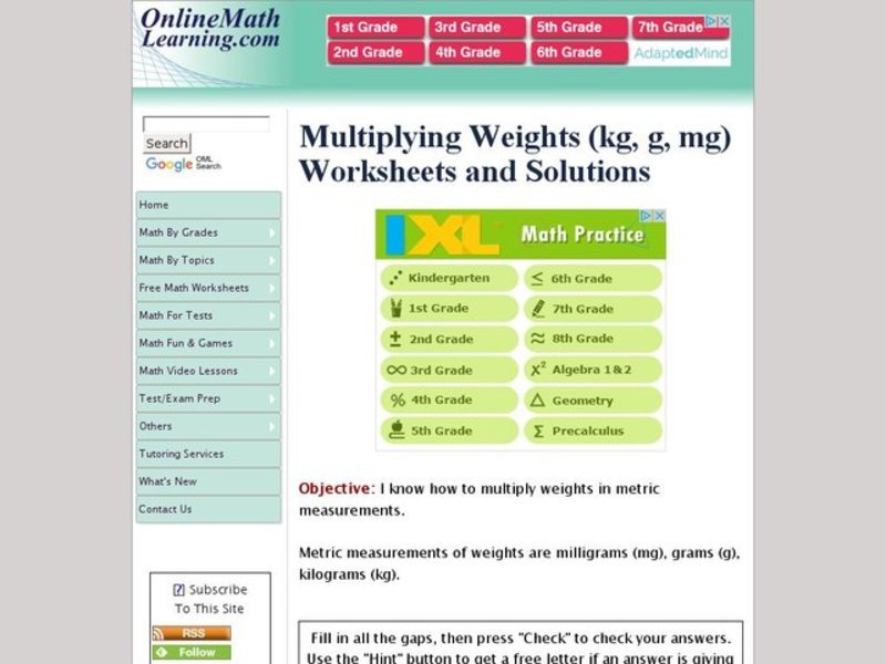 Multiplying Weights (kg, g, mg) Interactive