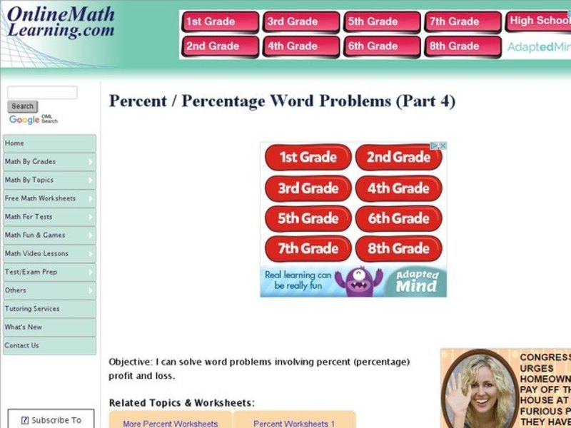 Percent/Percentage Word Problems (Part 4) Interactive