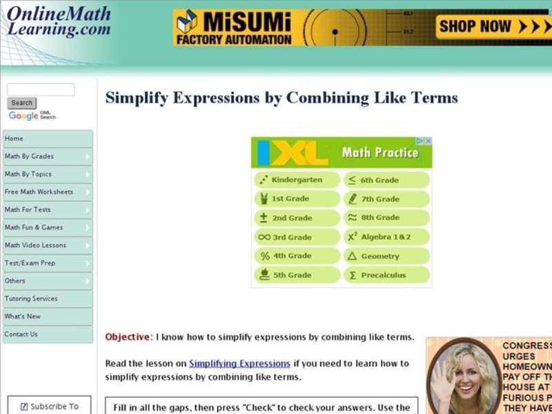 Simplify Expressions by Combining Like Terms Interactive