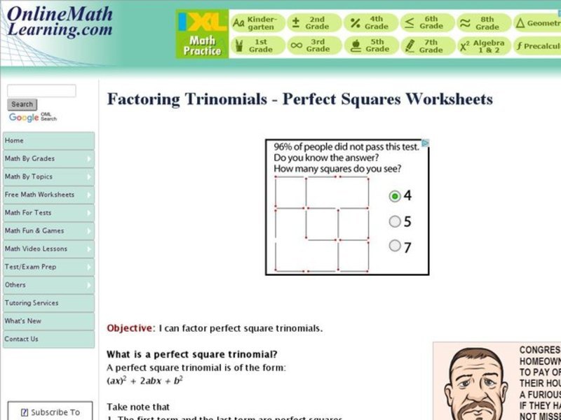 Factoring Trinomials - Perfect Squares Interactive